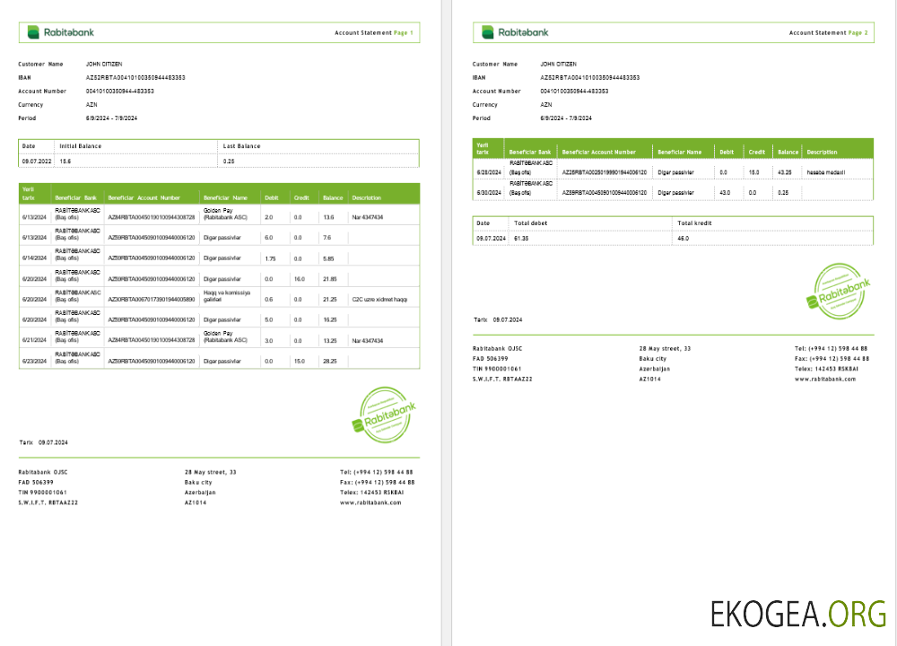 Relevé bancaire d'Azerbaïdjan Rabitabank Modèle Word et PDF 2 pages